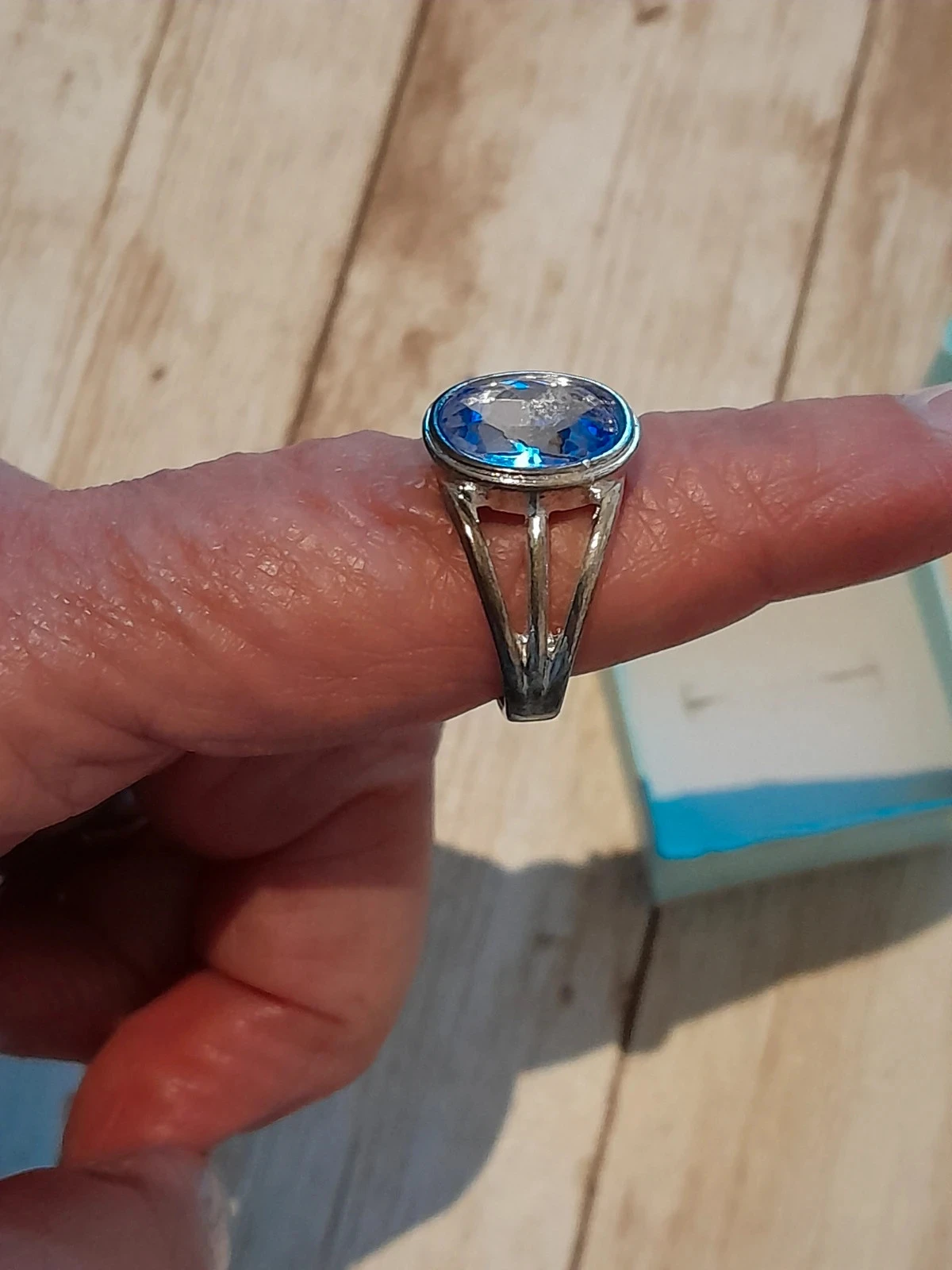 Anillo de piedra ovalada, azul claro, plateado, talla 60 – photo 5